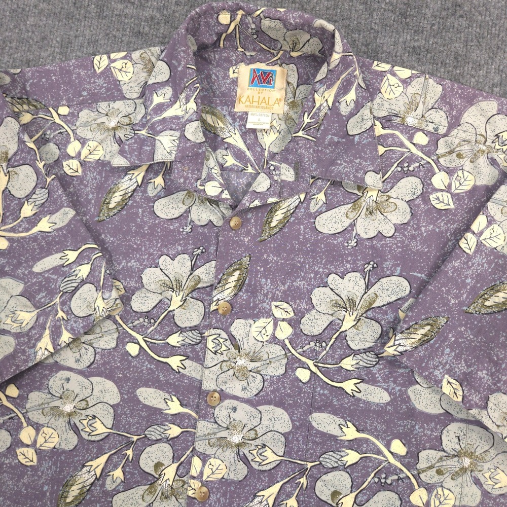 Kahala Avi Collection Camp Shirt Mens L Gray Floral AOP Botanical Made In Hawaii